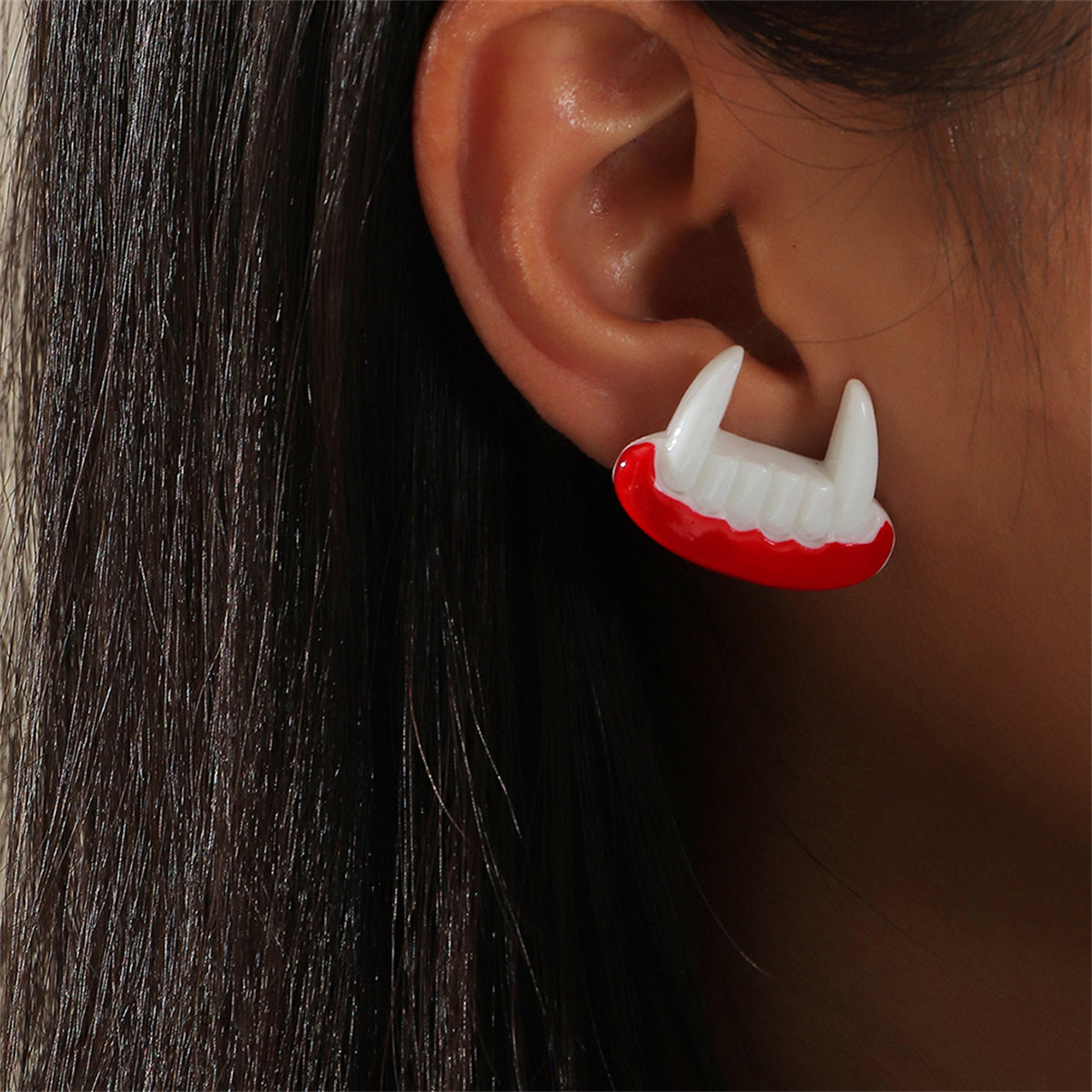 White & Silver-Plated Vampire Teeth Stud Earrings