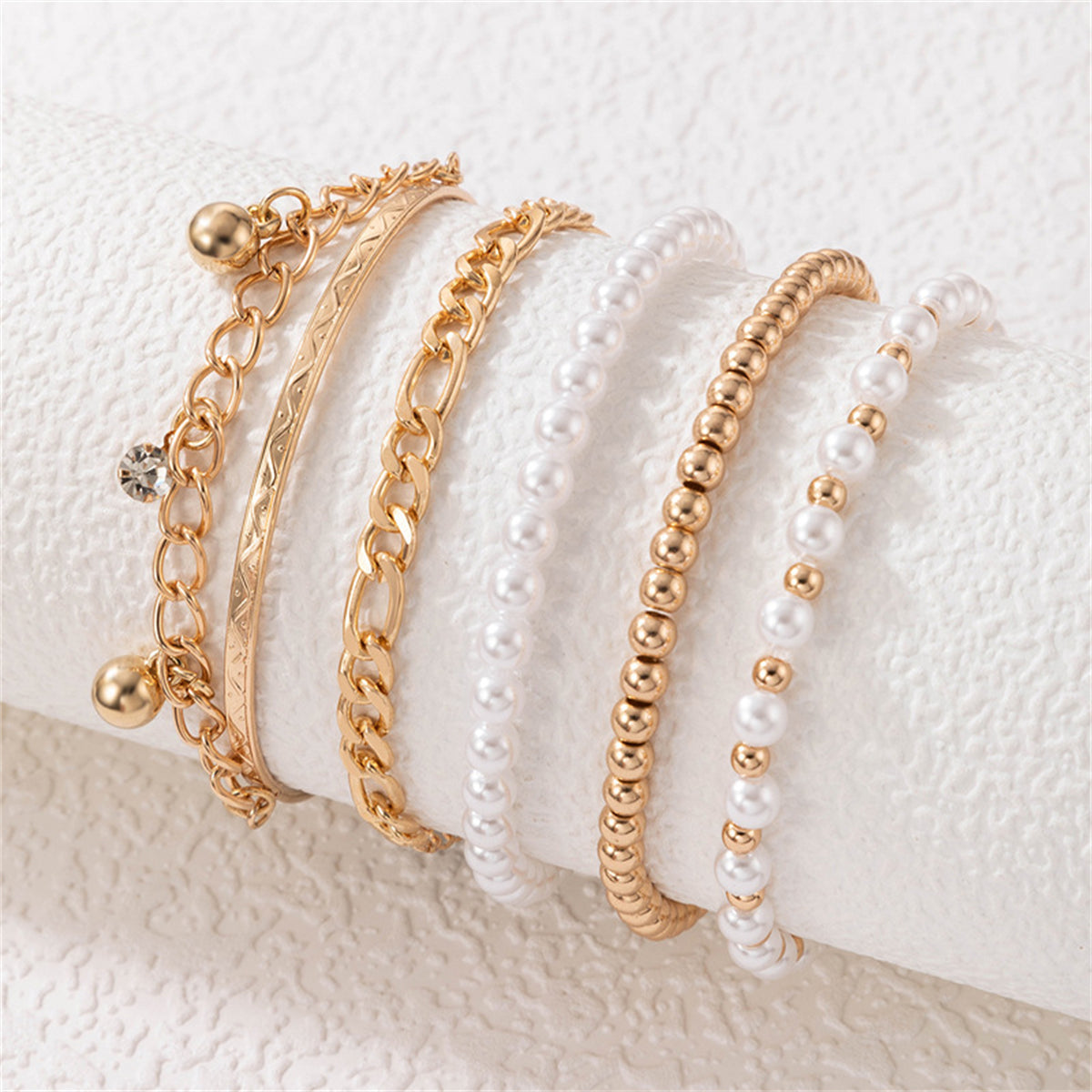 Cubic Zirconia & Pearl 18K Gold-Plated Beaded Stretch Bracelet Set