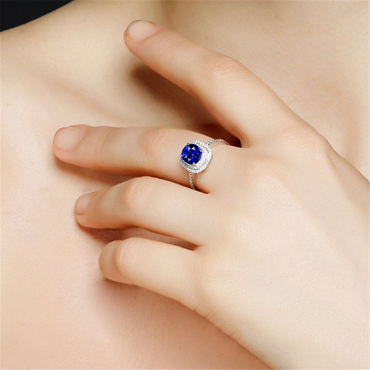 Blue Crystal & Cubic Zirconia Silver-Plated Halo Cushion-Cut Adjustable Ring