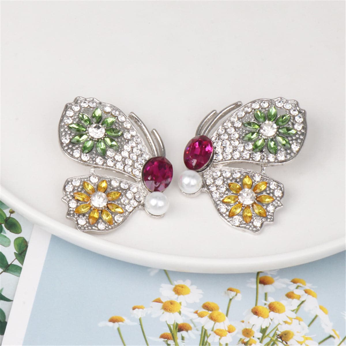 Pink Crystal & Cubic Zirconia Pearl Butterfly Stud Earrings