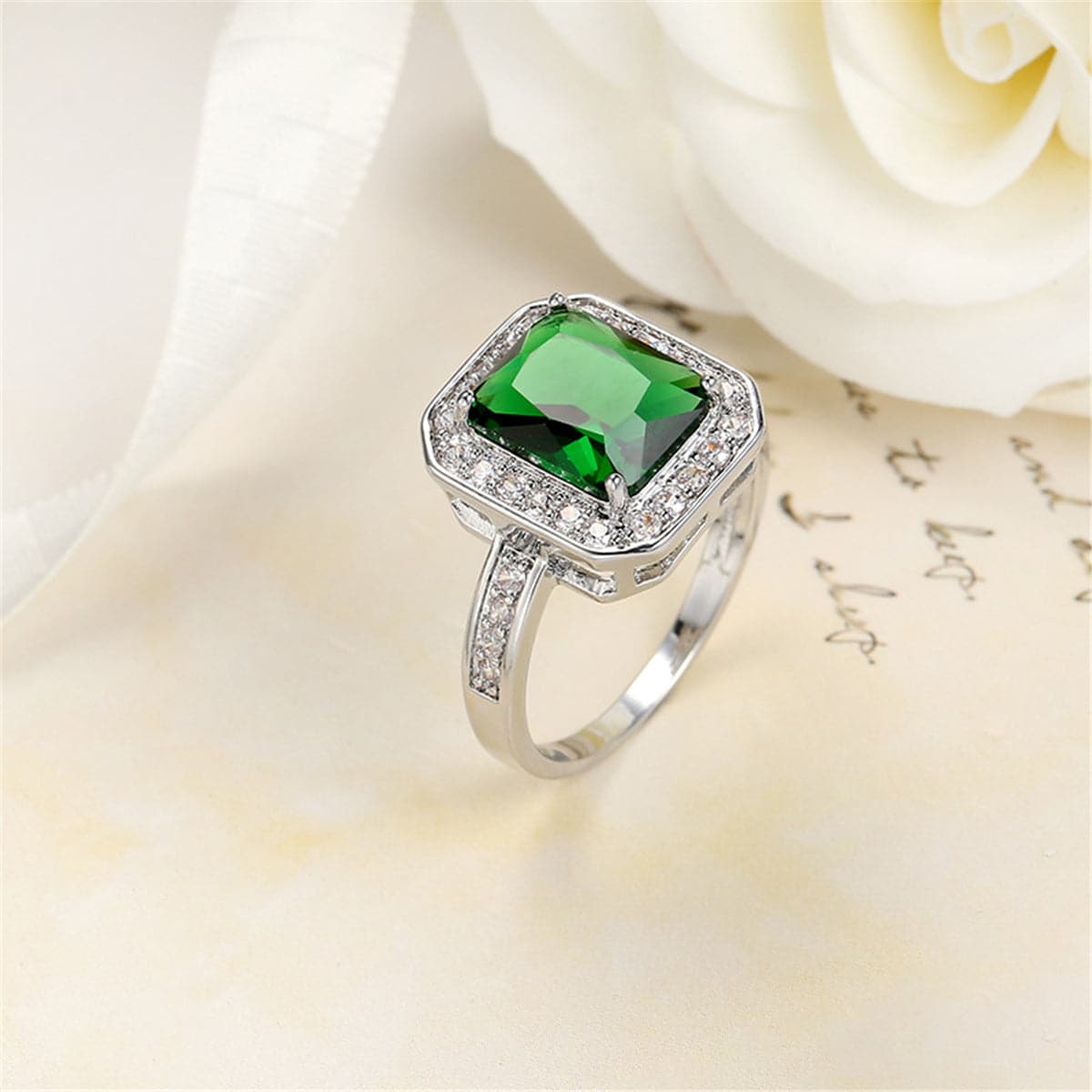 Green Cubic Zirconia & Crystal Princess-Cut Halo Ring