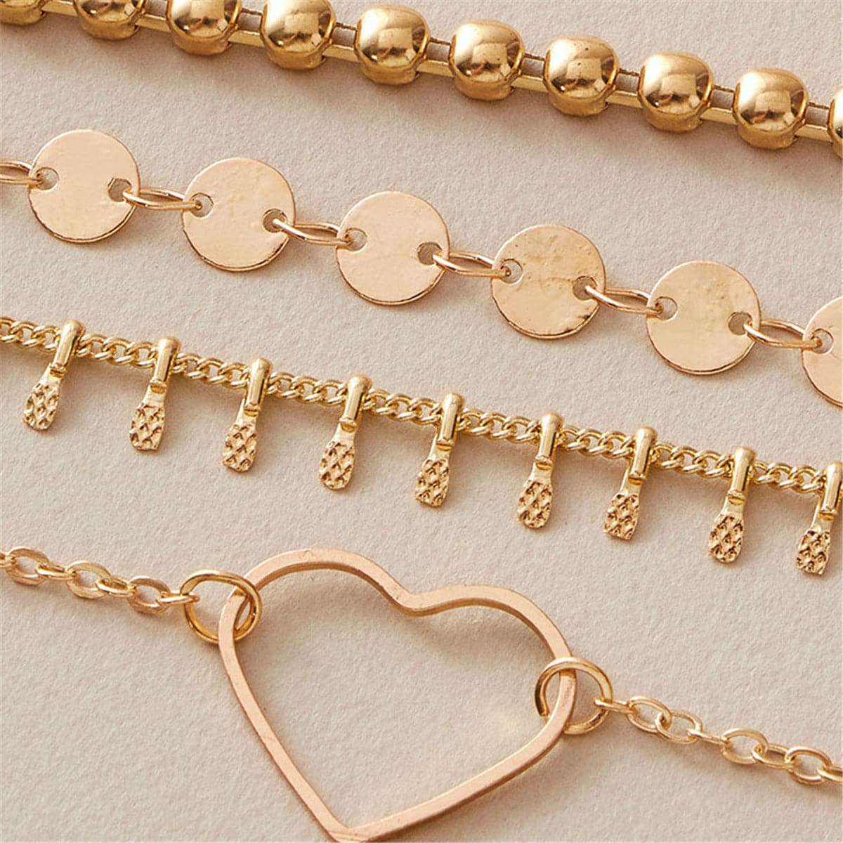 18K Gold-Plated Open Heart and Beaded Anklet Set, jewelry gift sets for women, elegant gift for her, detail close-up