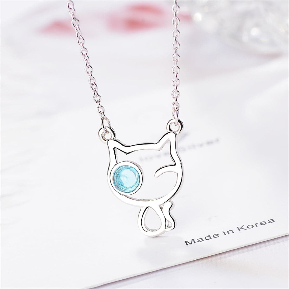 Blue Moonstone & Silver-Plated Cat Pendant Necklace