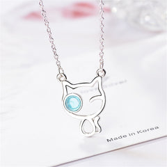 Blue Moonstone & Silver-Plated Cat Pendant Necklace