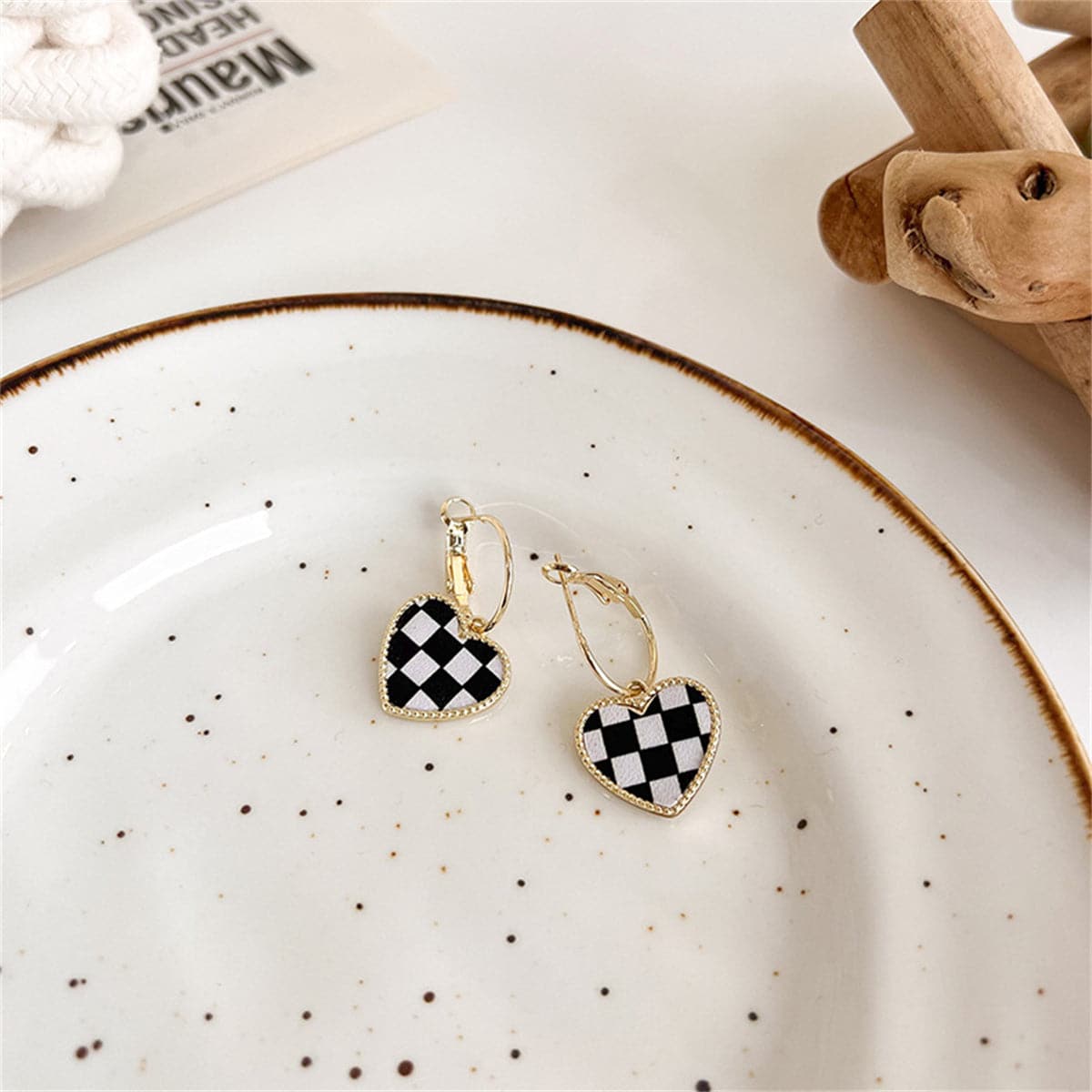 Black and White Checkerboard Heart Drop Earrings, drop earrings for women, vintage-inspired design, side view