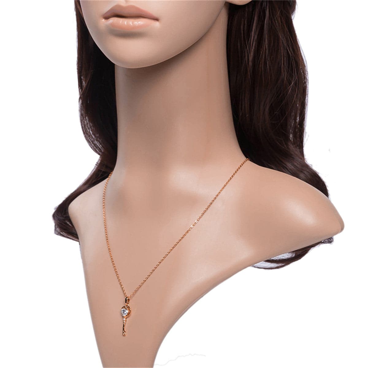 White Crystal and 18K Rose Gold-Plated Key Pendant Necklace, rose gold pendant necklace for women, everyday style, side view