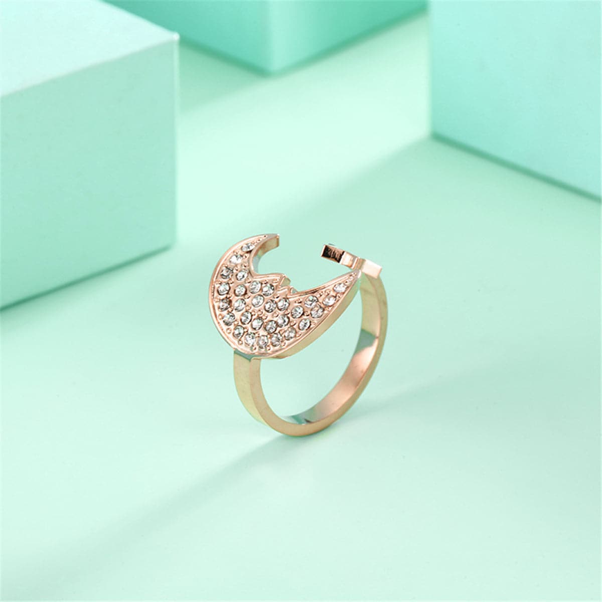 Cubic Zirconia & 18K Rose Gold-Plated Moon & Star Open Ring