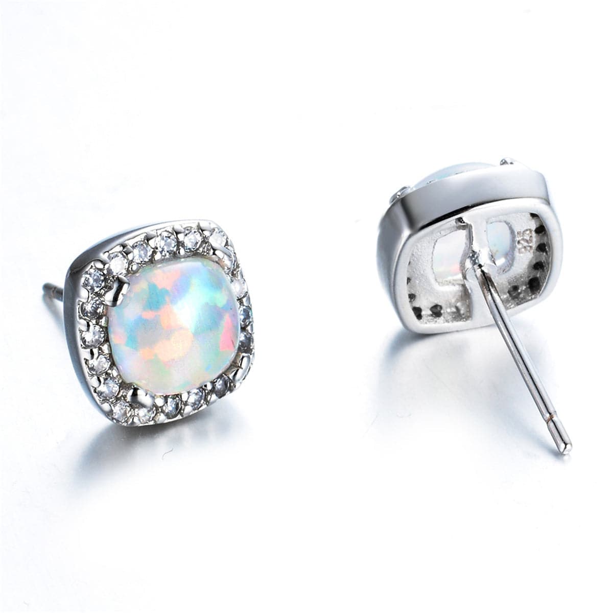 Opal & Cubic Zirconia Square Halo Stud Earrings