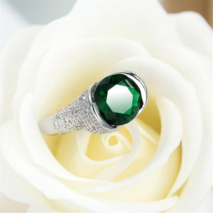 Green Crystal and Silver-Plated Bezel Ring, silver statement rings for women, dainty minimalist design, side view