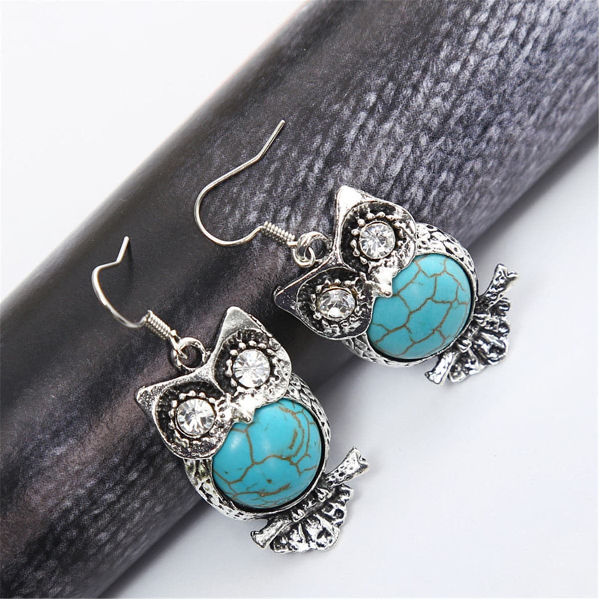 Cubic Zirconia & Turquoise Owl Drop Earrings