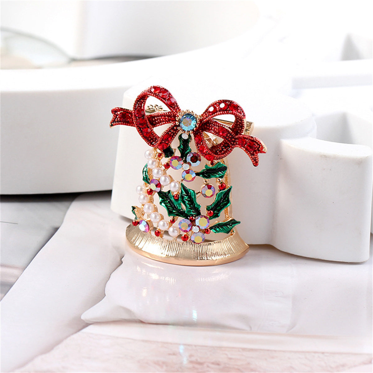 Pearl and Cubic Zirconia 18K Gold-Plated Christmas Bow Bell Brooch, gold brooch pin, botanical inspired, styled look