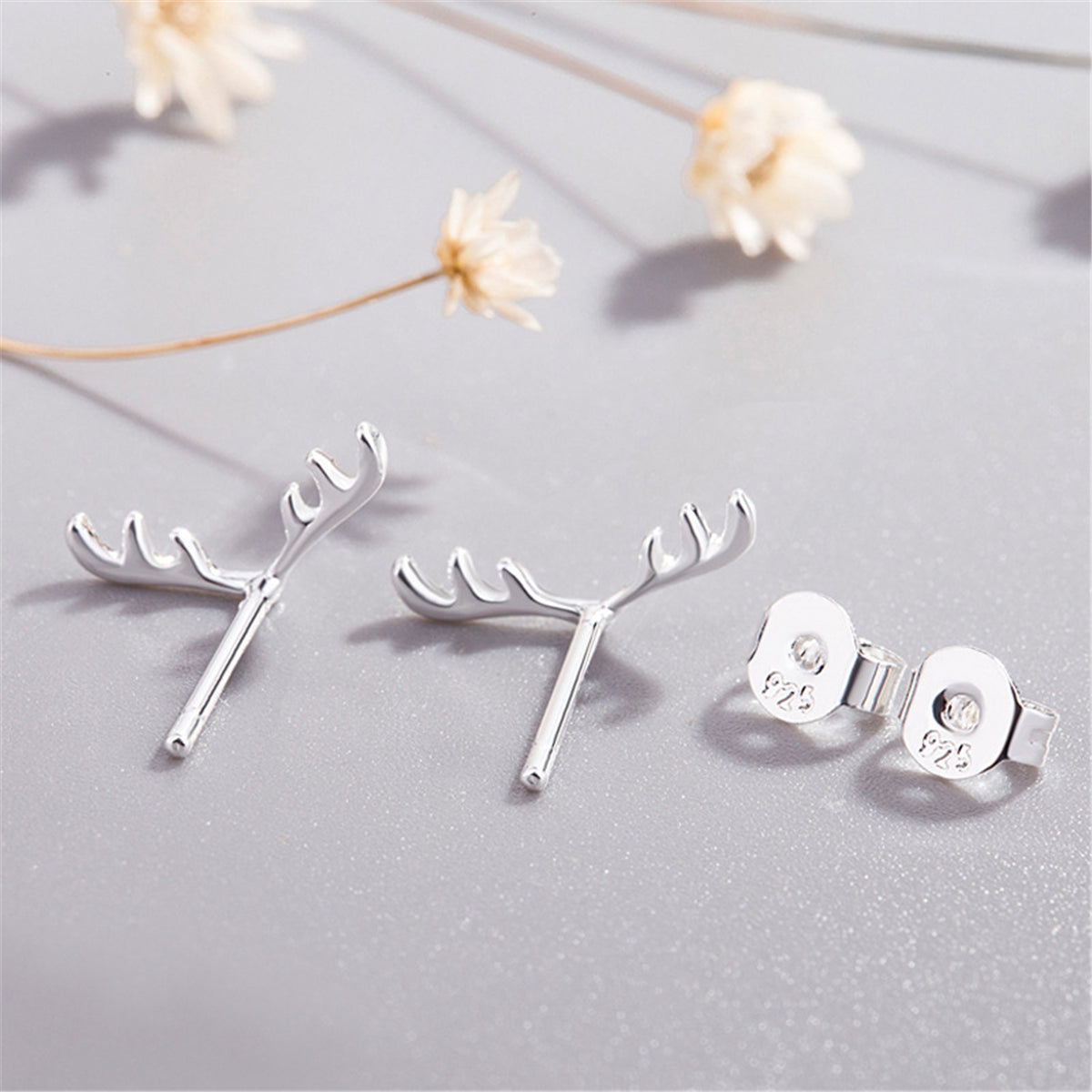 Silver-Plated Antler Stud Earrings
