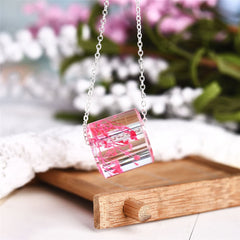 Pink Dried Flower & Silver-Plated Cylinder Pendant Necklace