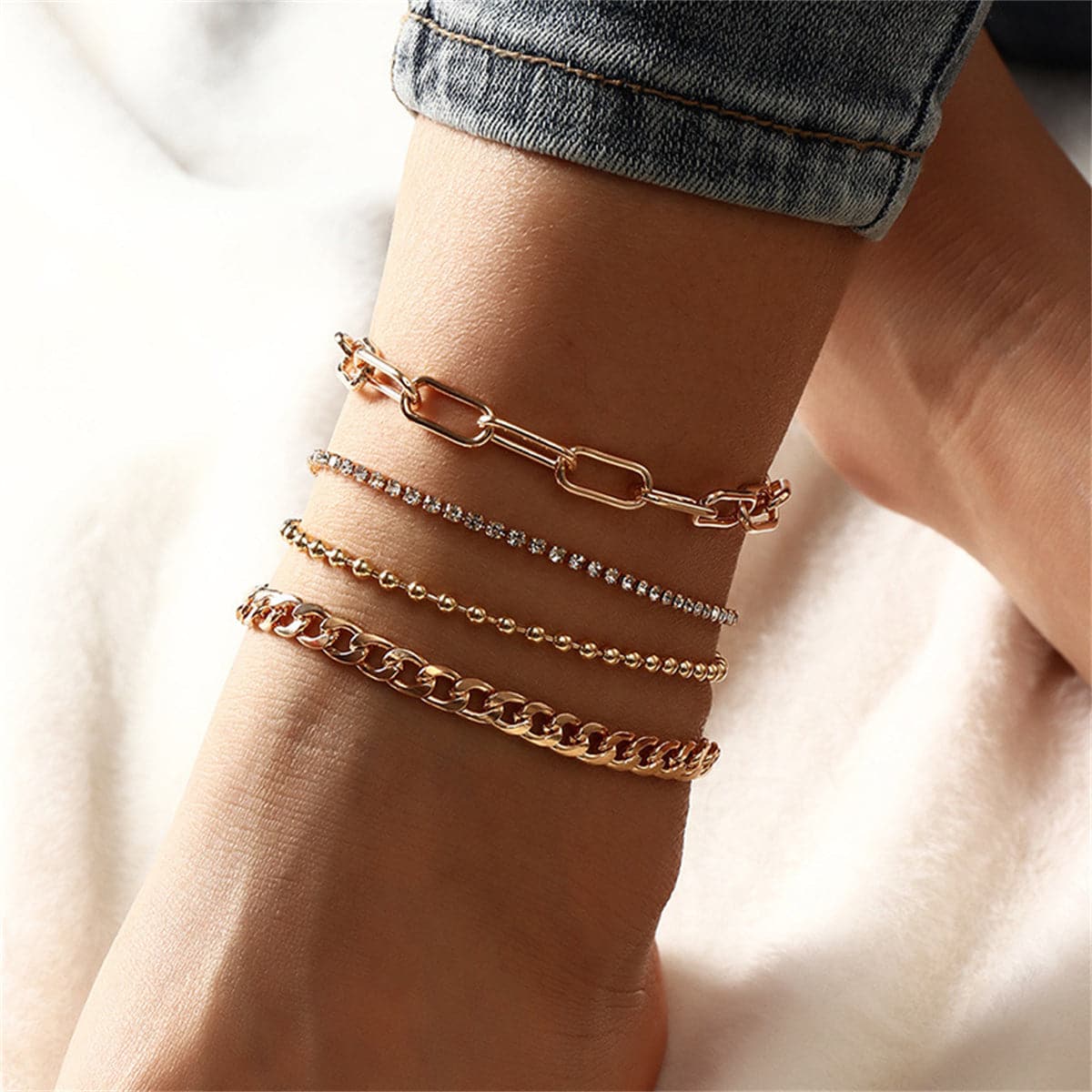 Cubic Zirconia and 18K Gold-Plated Figaro Bead Anklet Set, jewelry gift sets for women, vintage-inspired design, front view
