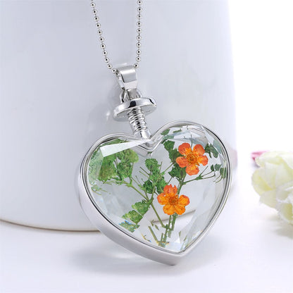 Pressed Peach Blossom and Silver-Plated Heart Pendant Necklace, silver pendant necklace for women, everyday style, side view