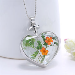 Pressed Peach Blossom & Silver-Plated Heart Pendant Necklace