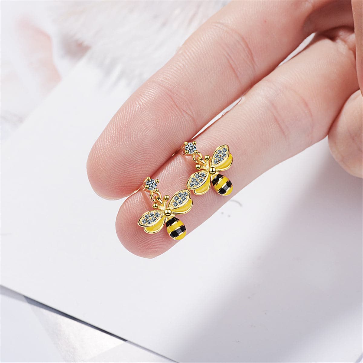 Yellow Enamel & Cubic Zirconia 18K Gold-Plated Bee Drop Earring
