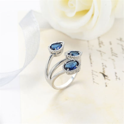 Navy Crystal and Silver-Plated Rattan Three-Stone Bypass Ring, silver statement rings for women, front view