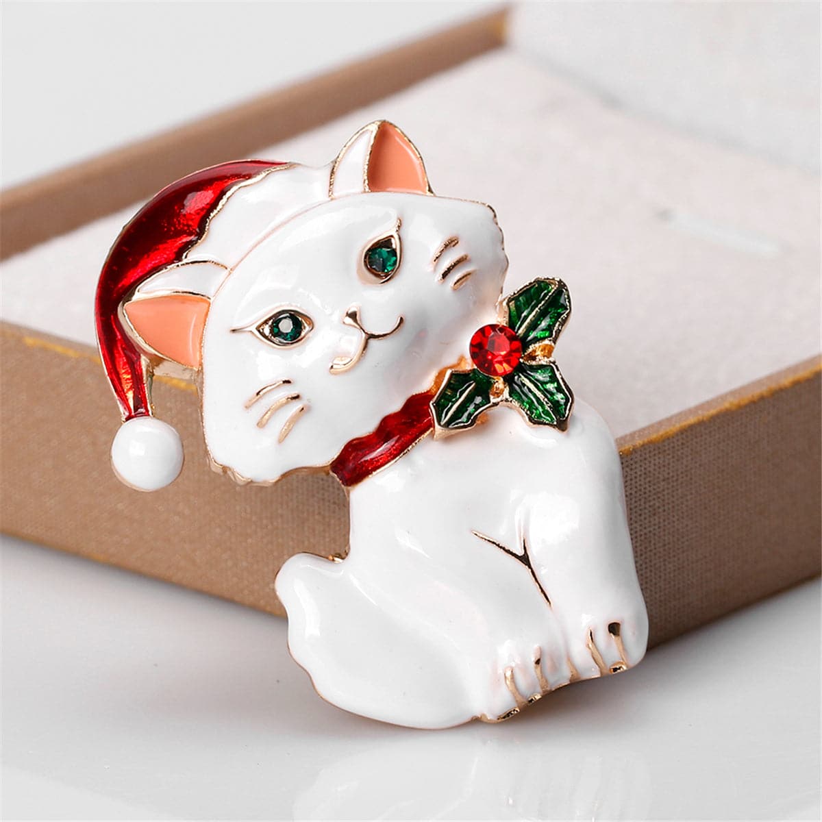 Green Cubic Zirconia and White Enamel Cat Brooch, brooch pin, botanical inspired, side view