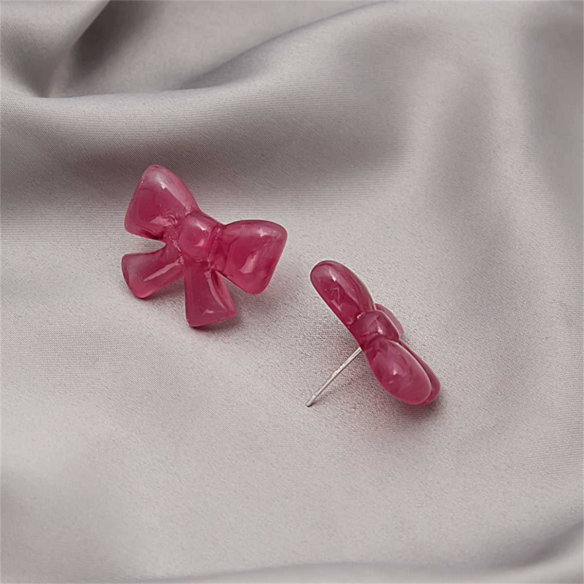 Pink & Silver-Plated Bow Stud Earrings