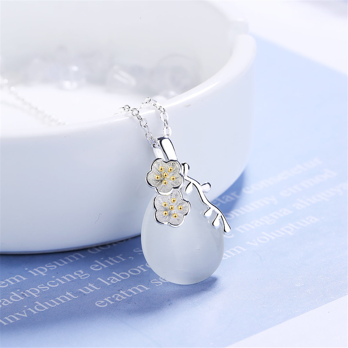 Cat Eye & Two-Tone Sakura Pendant Necklace
