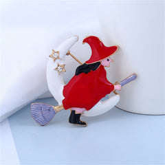 Cubic Zirconia & Enamel 18K Gold-Plated Flying Witch Brooch