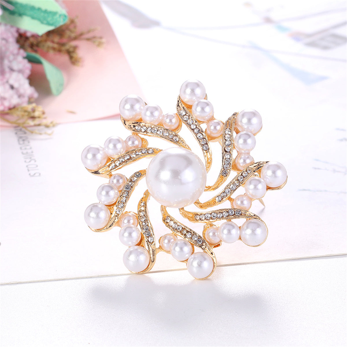 Clear Cubic Zirconia and Pearl 18K Gold-Plated Vortex Brooch, gold brooch pin, everyday style, side view