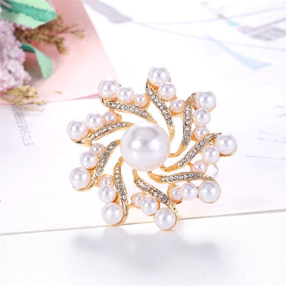 Clear Cubic Zirconia and Pearl 18K Gold-Plated Vortex Brooch, gold brooch pin, everyday style, side view