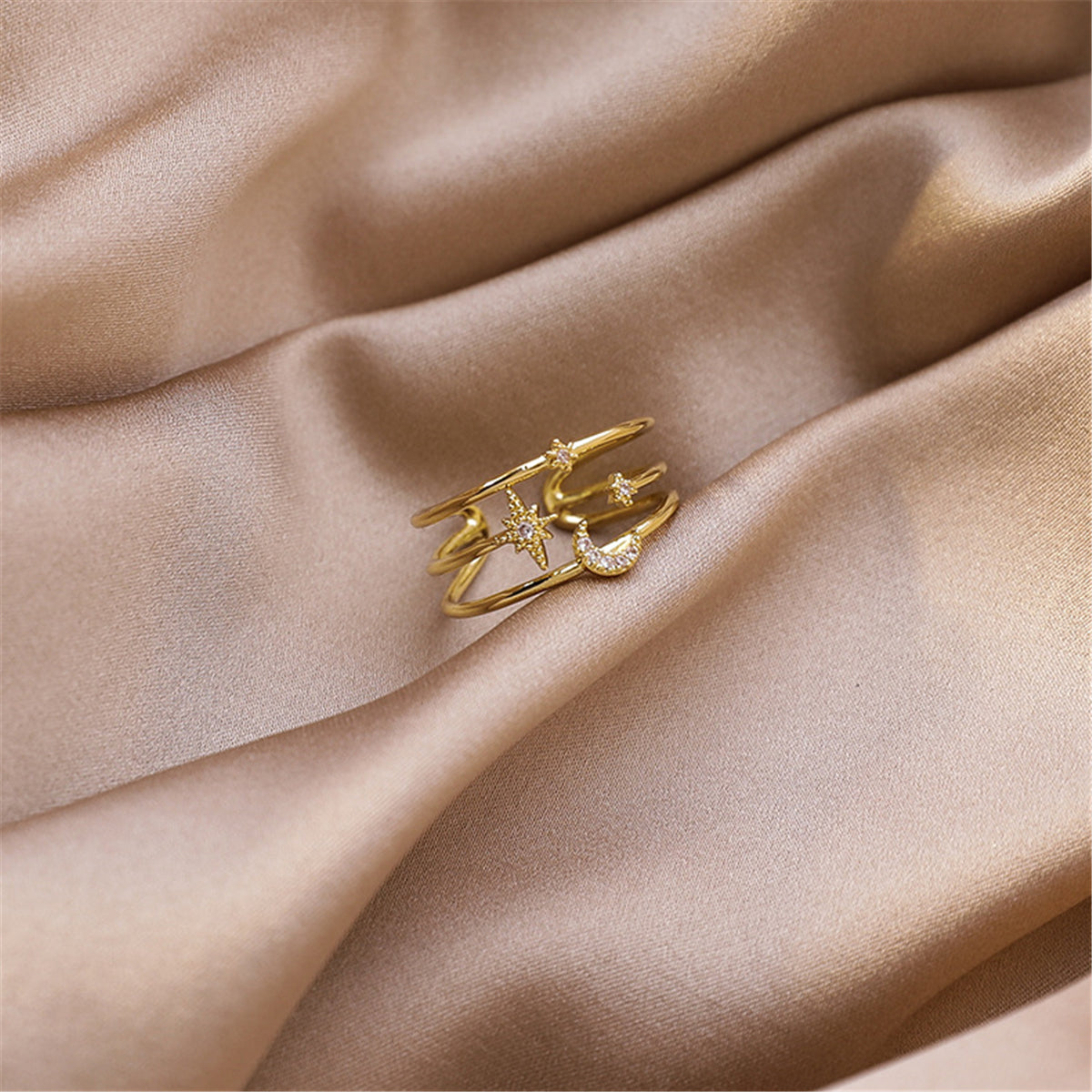 Cubic Zirconia and 18K Gold-Plated Celestial Layered Open Ring, gold statement rings for women, lifestyle look