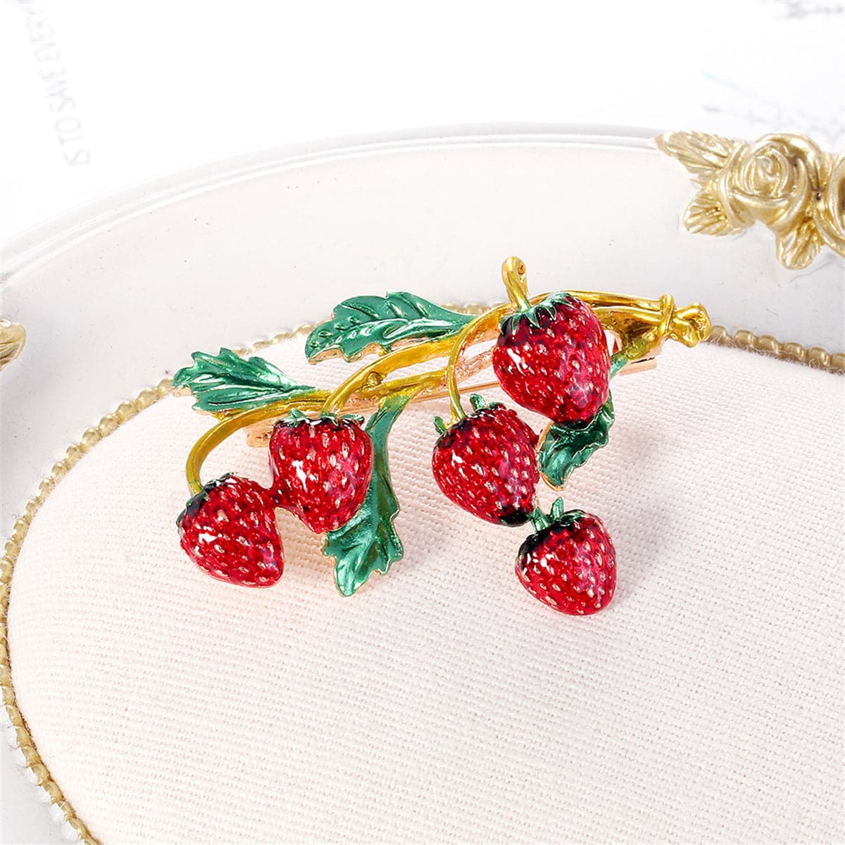 Red Enamel and 18K Gold-Plated Strawberries Brooch, gold brooch pin, vintage-inspired design, detail close-up