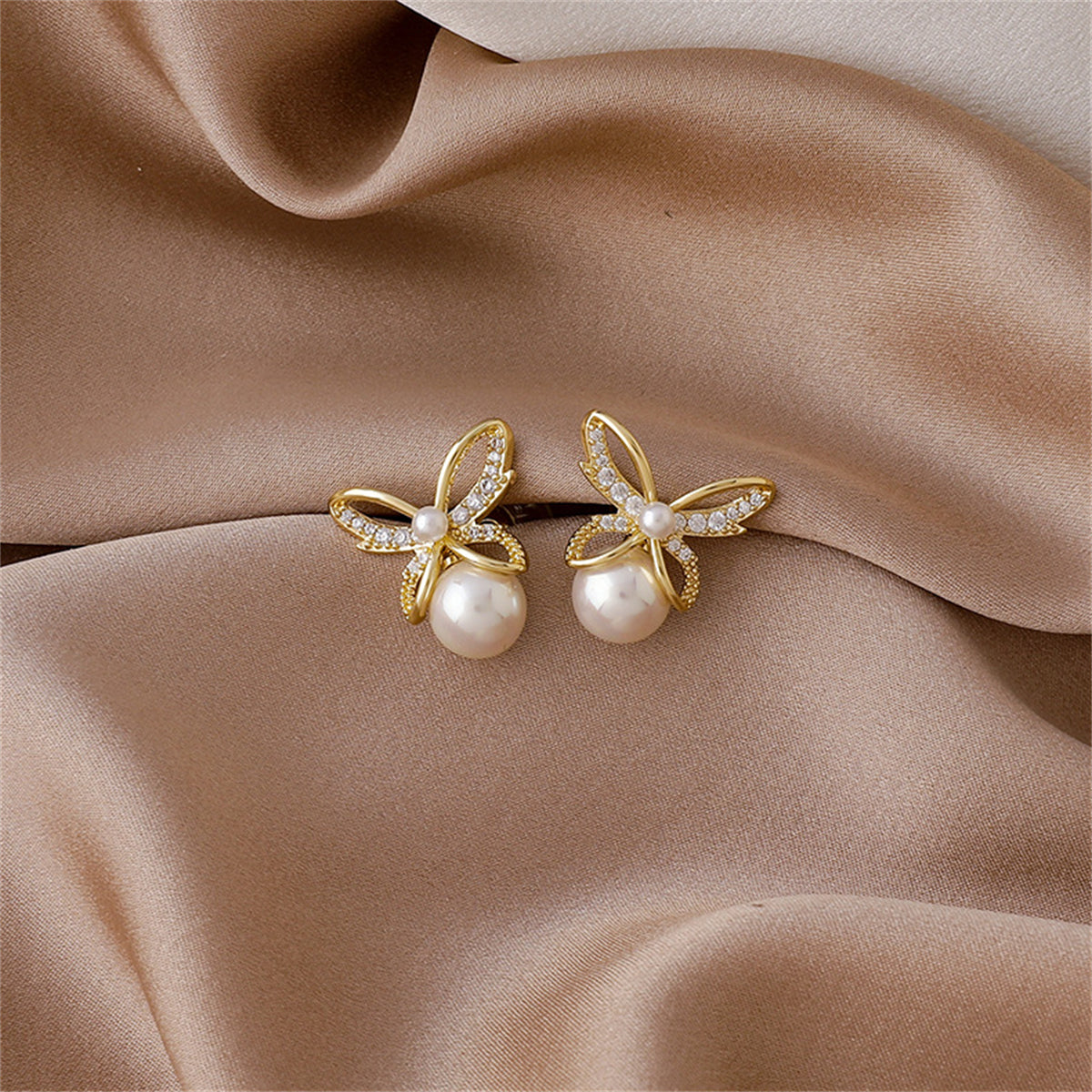 Pearl & Cubic Zirconia Openwork Butterfly Drop Earrings