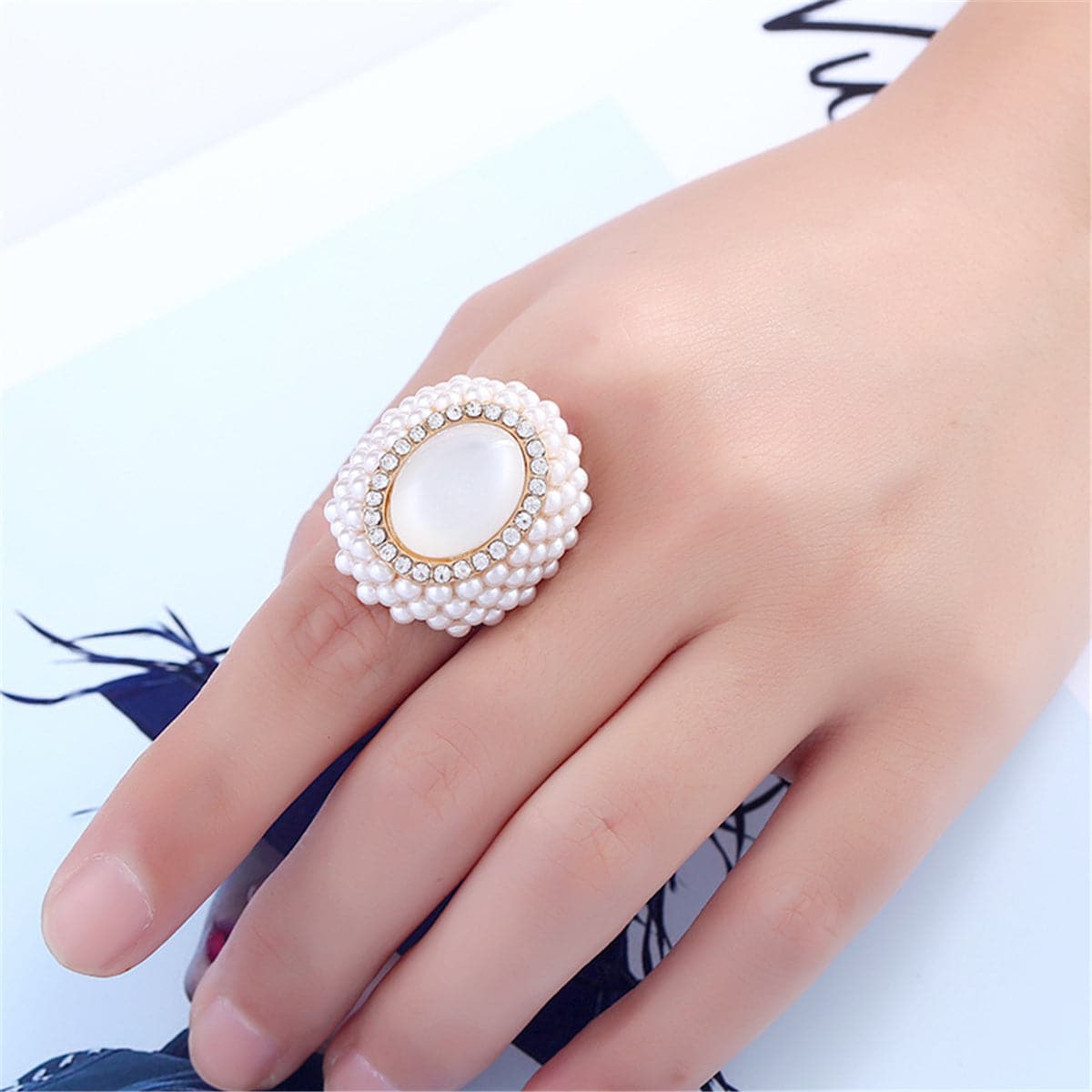 White Cats Eye & Pearl 18k Gold-Plated Floral Ring