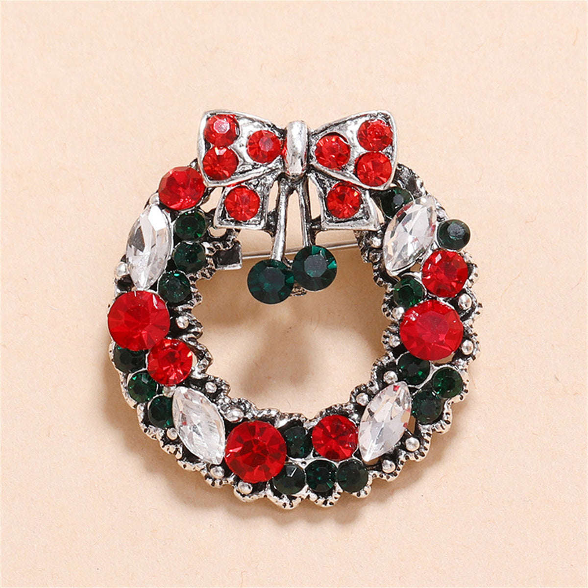 Red and Multicolor Cubic Zirconia and Silver-Plated Wreath Brooch, silver brooch pin, elegant gift for her, detail close-up