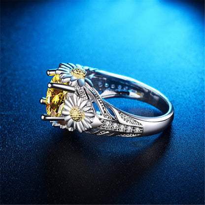 Yellow Crystal and Two-Tone Mum Ring, statement rings for women, everyday style, detail close-up