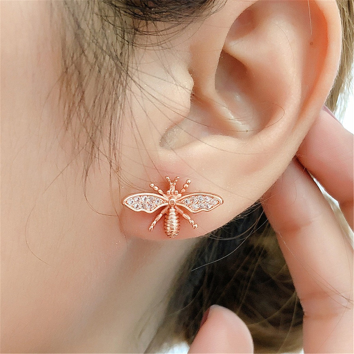 Cubic Zirconia and 18K Rose Gold-Plated Bee Stud Earring, rose gold stud earrings for women, lifestyle look