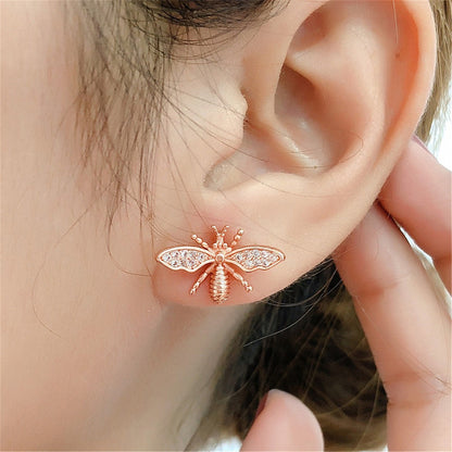 Cubic Zirconia and 18K Rose Gold-Plated Bee Stud Earring, rose gold stud earrings for women, lifestyle look