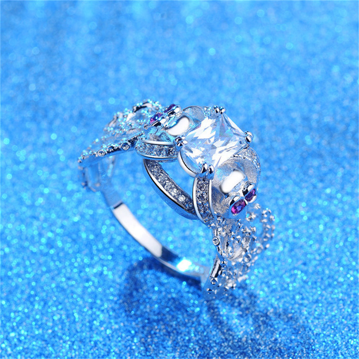 Crystal and Cubic Zirconia Openwork Skull Ring, statement rings for women, vintage-inspired design, lifestyle look