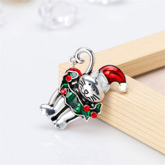 Cubic Zirconia & Red Enamel Silver-Plated Christmas Cat Brooch