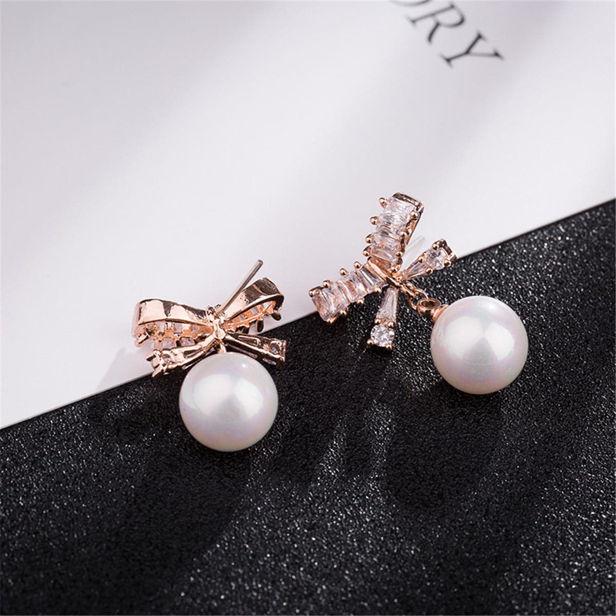 Cubic Zirconia & Pearl 18k Rose Gold-Plated Bow Drop Earrings