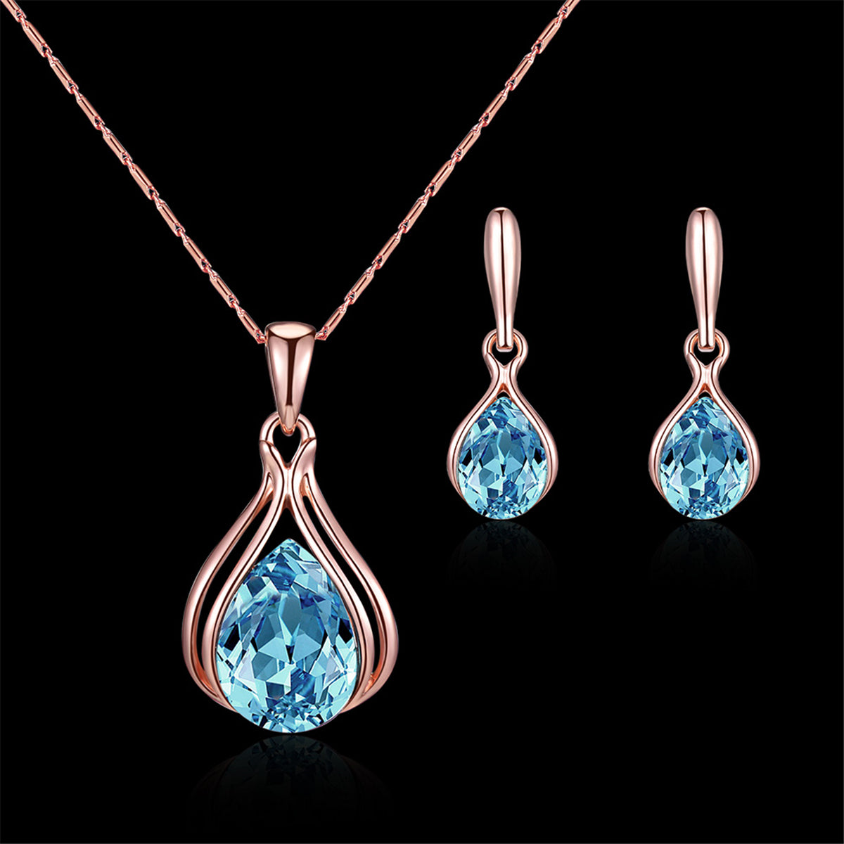 Blue and White Cubic Zirconia Pendant Necklace and Drop Earrings, drop earrings for women, front view