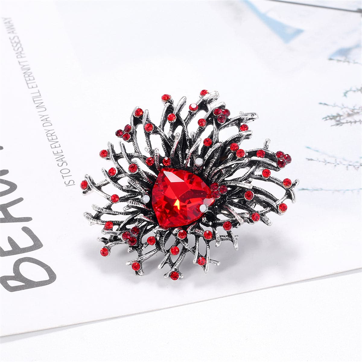 Red Cubic Zirconia and Silver-Plated Flower Brooch, silver brooch pin, everyday style, side view