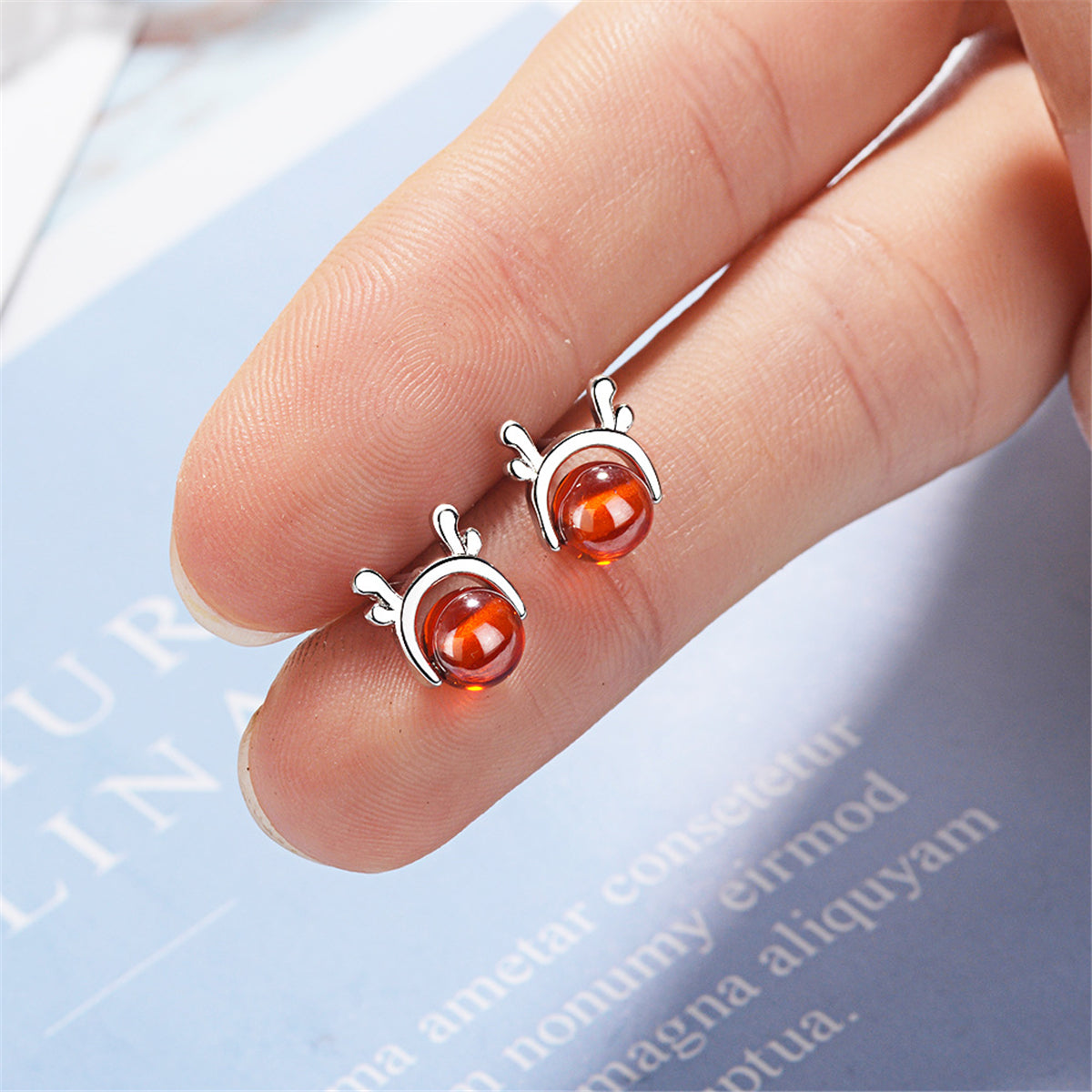 Red Crystal and Silver-Plated Deer Antler Stud Earrings, silver stud earrings for women, lifestyle look