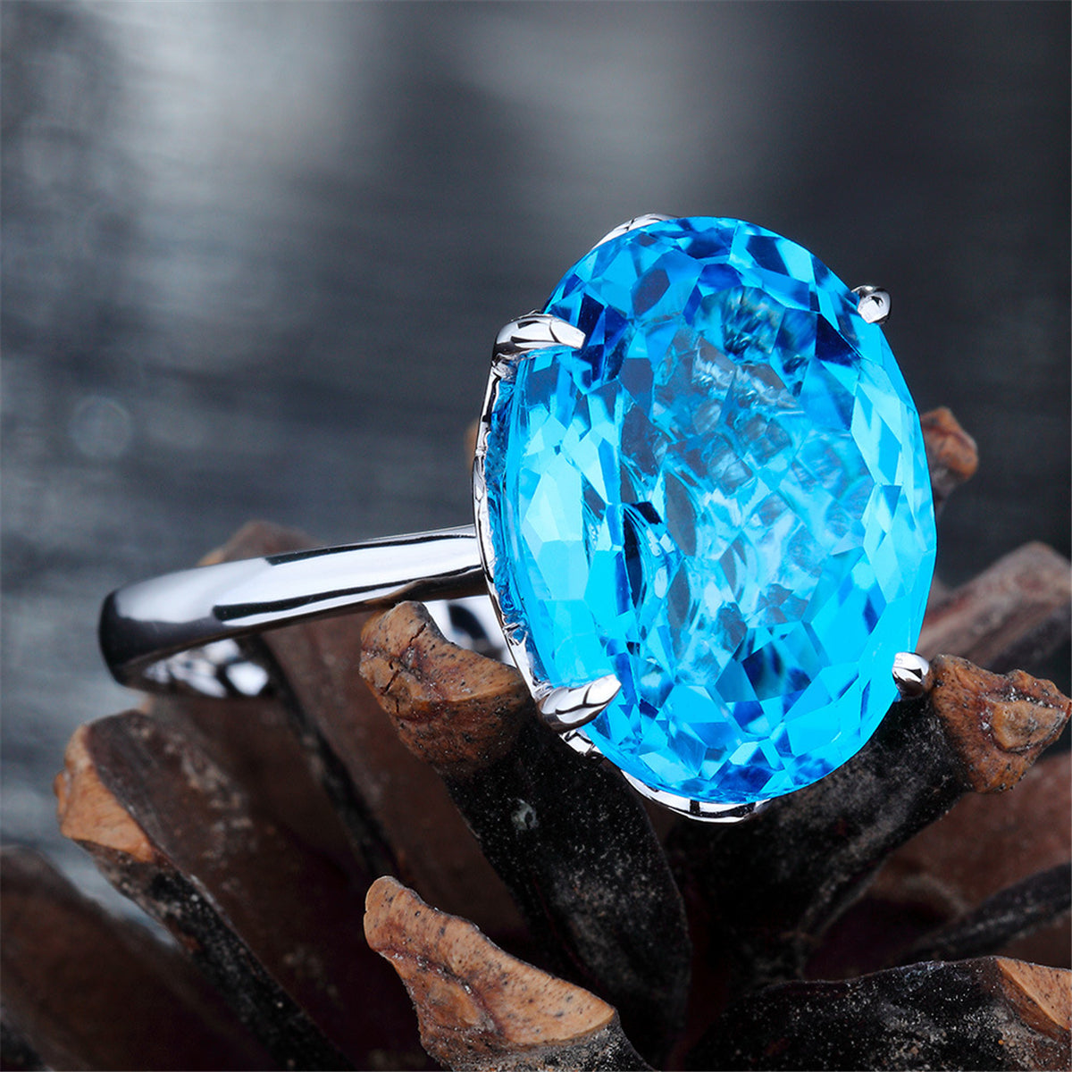 Sea Blue Crystal and Silver-Plated Adjustable Solitaire Ring, silver statement rings for women, lifestyle look