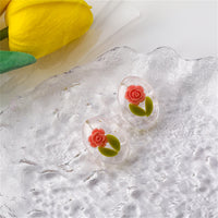 Pink & Green Rose Oval Stud Earrings