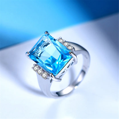 Blue Crystal and Cubic Zirconia Princess-Cut Ring, statement rings for women, botanical inspired, styled look