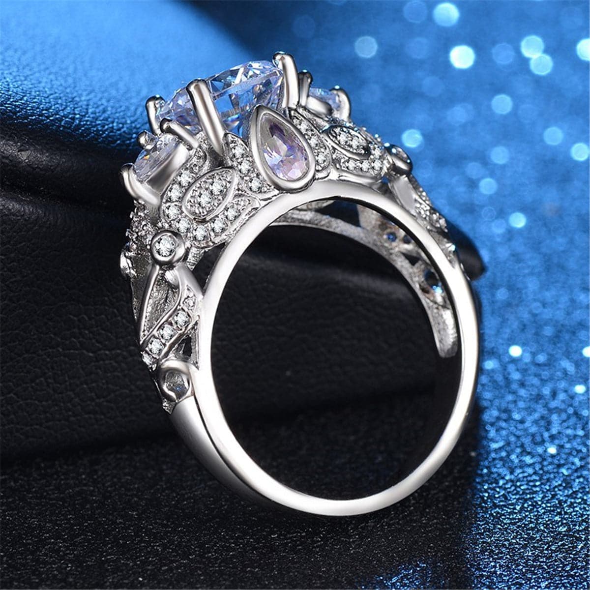 Cubic Zirconia and Crystal Silver-Plated Floral-Accent Prong Ring, silver statement rings for women, detail close-up