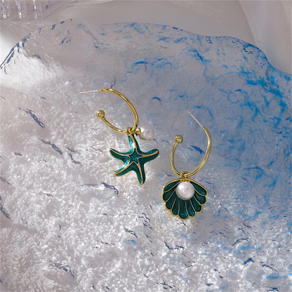 Green Enamel and Pearl Mismatch Shell Starfish Drop Earrings, drop earrings for women, botanical inspired, detail close-up