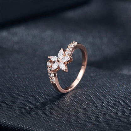 Crystal and Cubic Zirconia Clover Ring, statement rings for women, botanical inspired, detail close-up