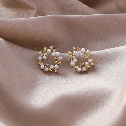 Pearl and Cubic Zirconia Botanical Wreath Stud Earrings, stud earrings for women, dainty minimalist design, side view
