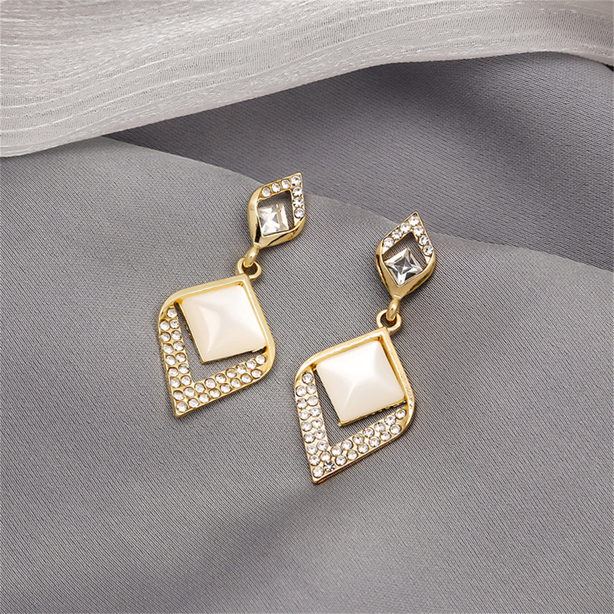 Cat Eye & Cubic Zirconia Rhombus Drop Earrings